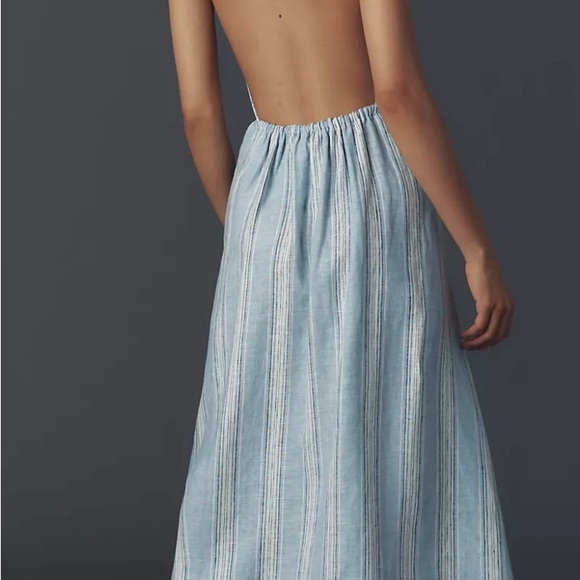 Reformation x Anthropologie Linen Light Blue Striped Midi Dress - Picture 3 of 4